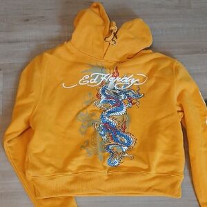 Ed Hardy Men's Yellow Hoodie with Dragon Design
